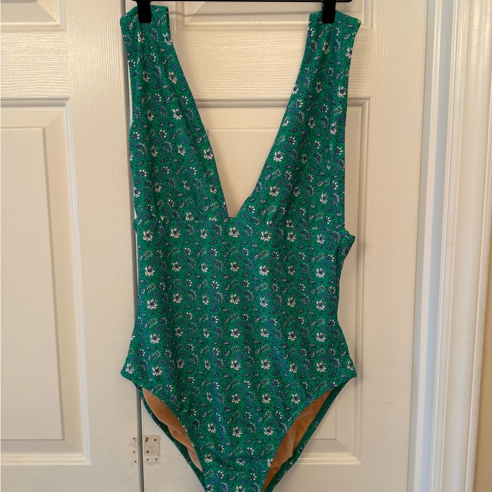 J. Crew Green Deep V Cut One Piece Swimsuit